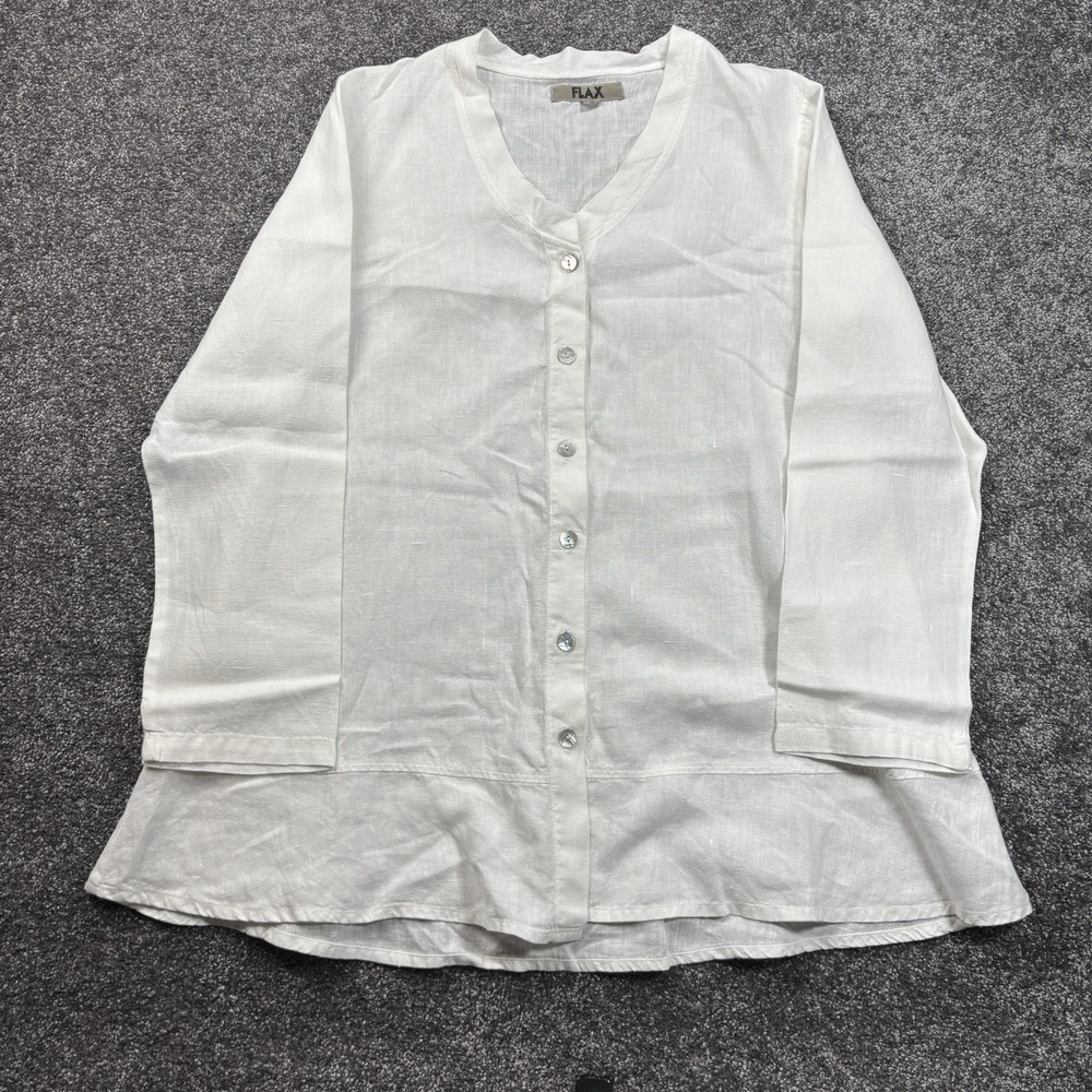 Flax By Jeanne Engelhart Blouse Top Size‎ Small 100% Linen White Woven Button Up